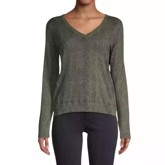 ATM Green Snakeskin Sweater Jungle Combo Size XS/P V-Neck Cotton/Cashmere Blend - Picture 1 of 10